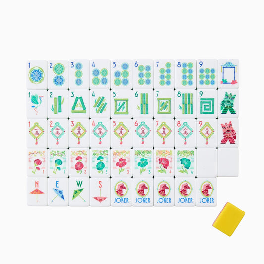 Infused with bright joyful folk‑art energy, this American mahjong set features vivid sunny‑yellow solid backs paired with cheerful multi‑color striped side edges. Crisp ivory tile fronts are decorated with refreshing water‑color style illustrations: playful lion‑dance figures, decorative paper‑umbrella wind tiles, elegant lotus blossoms, cranes, tassel‑ornamented wan tiles and traditional pavilion details.