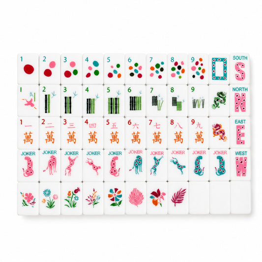 Leopard Bloom mahjong full flat‑lay layout, complete 160‑tile modern white set, colorful polka‑dot dot tiles, green bamboo with pink flamingo one‑bamboo, orange character tiles, polka‑dot winds, green & pink dragons, pink & teal leopard jokers and botanical flower tiles, American mahjong set
