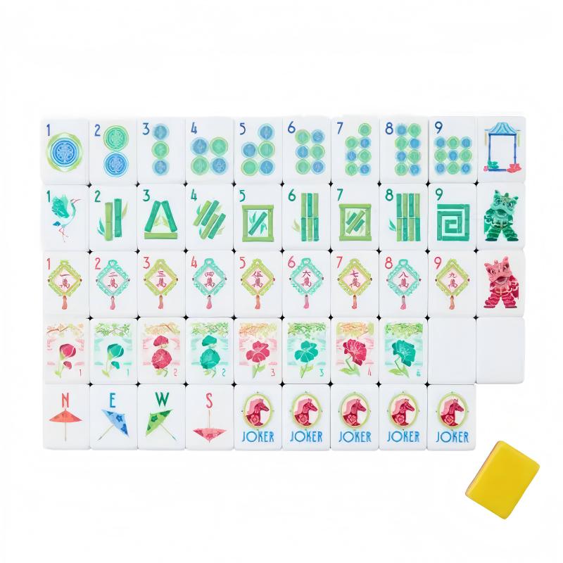 Sunny Lotus Mahjong Tiles Set – Sunny‑yellow backs with multi‑color striped sides, ivory fronts with lion dance, paper umbrella and water‑lotus folk‑art American mahjong tiles