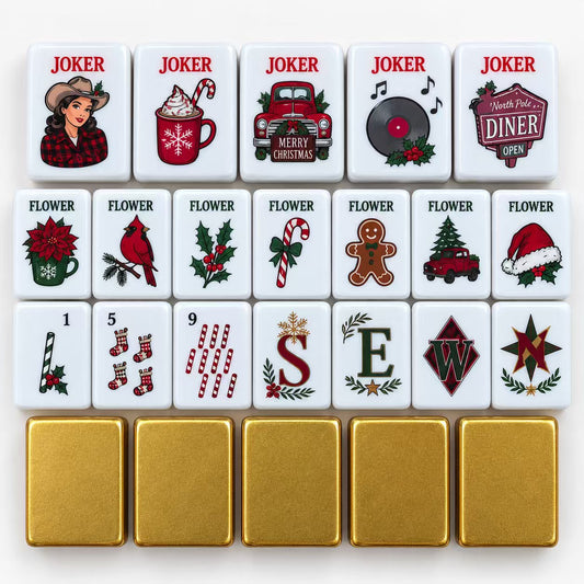 Pyramid stacked Retro Christmas mahjong tile set, custom illustrated holiday joker and flower tiles, shiny gold tile backs, white background product shot