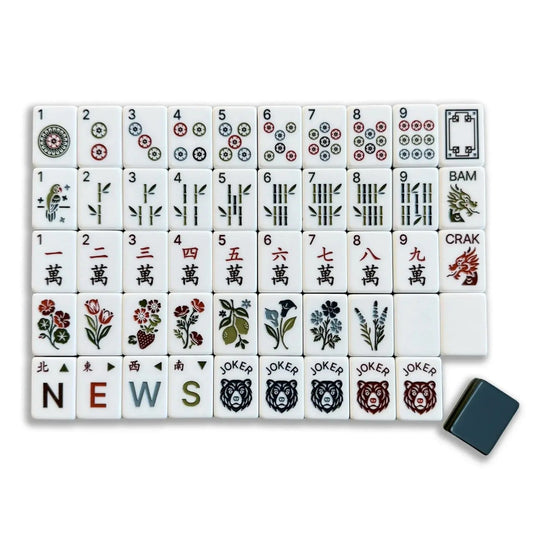 Woodland Stripes Mahjong Tiles Set – Multi‑Layer Teal‑Brown Striped Tile Backs with Floral‑Fruit Dot, Parrot‑Bird Bamboo, Garden‑Flower Season, Compass‑Wind & Bear‑Joker American Mahjong Suit Art