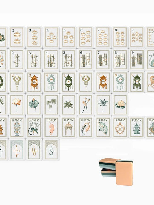 Lotus Lantern Mahjong Tiles Set – Multi‑Layer Peach‑Green Stacked Tile Backs with Cream‑White Lotus‑Dot, Bamboo‑Stalk, Pagoda‑Lantern‑Character, Arch‑Frame‑Wind & Exotic‑Creature Joker American Mahjong Suit Art