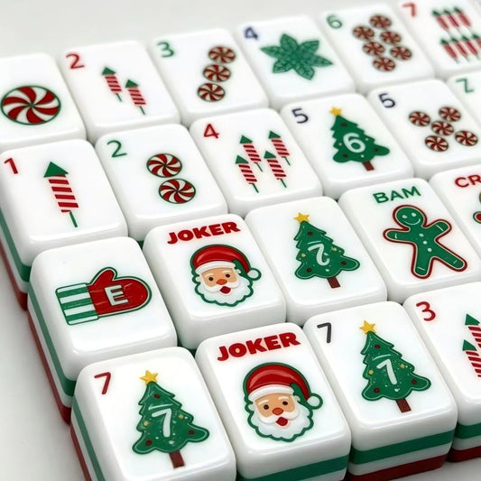 Santa Noel Mahjong Tiles Set — Red‑Green Layered Backs, Santa Claus Jokers, Gingerbread‑Man, Christmas‑Tree & Peppermint‑Candy Themed American Mahjong Tiles