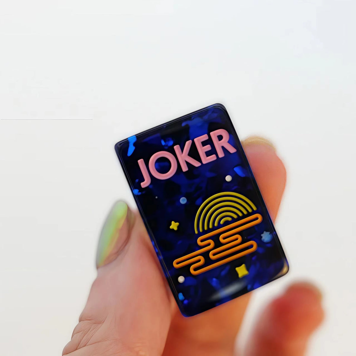 Scattered Confetti Sapphire American mahjong tiles on white background, deep blue resin tiles with embedded rainbow confetti flakes and bright neon pop art graphics