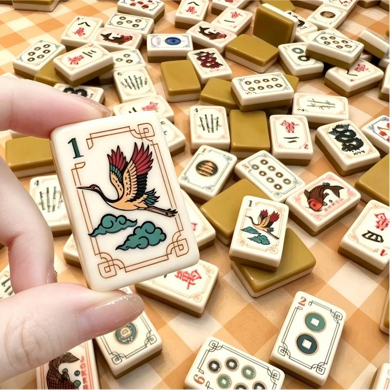 Golden Crane Mahjong Tiles Set – Golden‑Olive Marbled Backs, Ivory Fronts with Red‑Crowned Crane, Koi Fish, Lantern & Ancient Coin Oriental Art American Mahjong Tiles