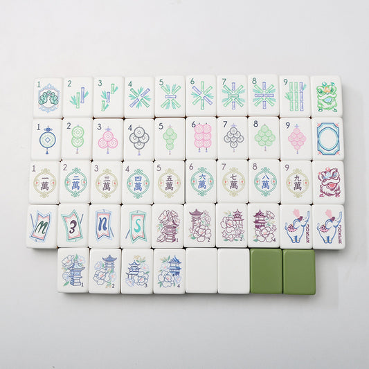 Pagoda Garden mahjong row close‑up, elephant jokers, pagoda‑peony season tiles, wind tiles, multi‑layer olive‑green mustard‑yellow navy stacked backs, 160‑tile American mahjong set
