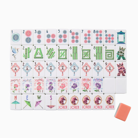 Bursting with soft spring‑time folk‑art charm, this American mahjong set stands out with warm peach‑coral solid backs and eye‑catching mint‑peach striped side edges. Crisp ivory tile fronts are decorated with playful Asian‑inspired illustrations: lion dance figures, decorative paper umbrellas, cranes, tassel‑hung wan tiles, lush seasonal blossoms and traditional pavilion details.