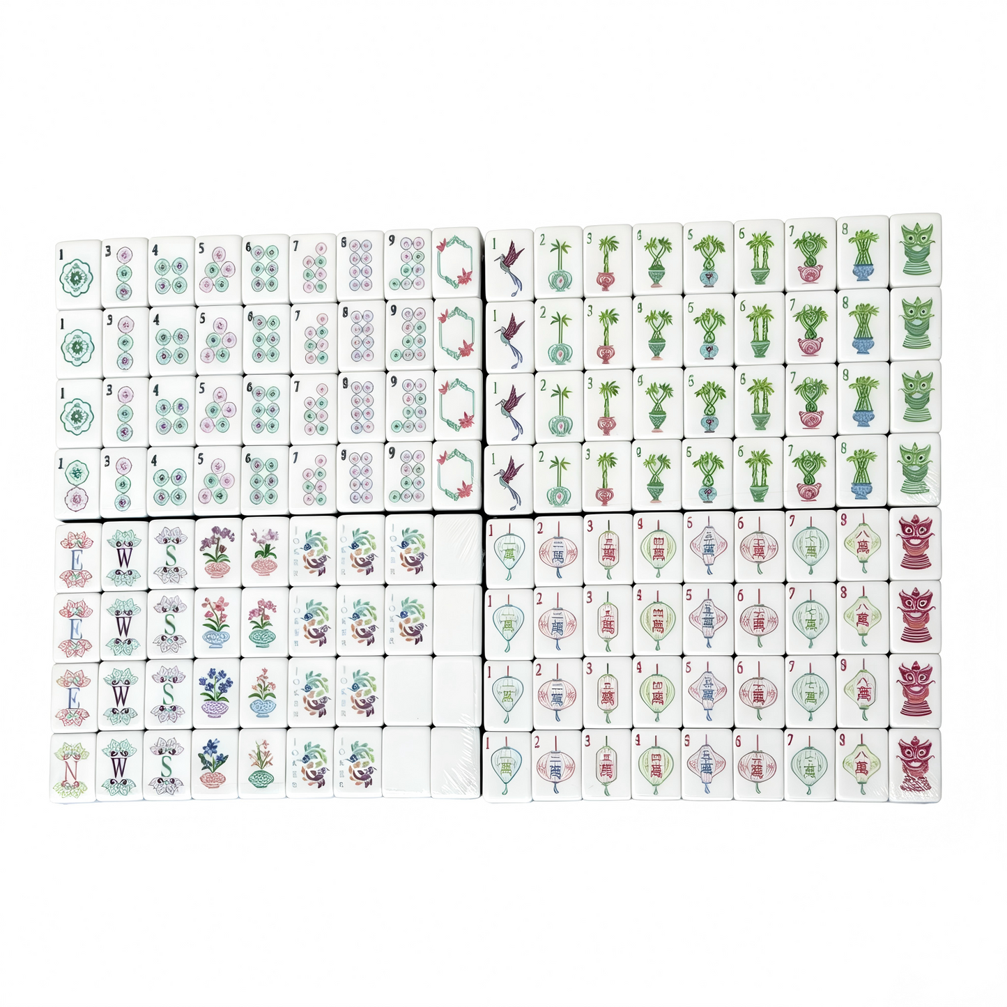 Lotus Lantern Mahjong Tiles Set — Glossy multi‑layer light‑blue backs, white tile faces with lantern‑styled characters, pastel florals, palm‑tree bamboos and decorative mask jokers, full 160‑tile American mahjong set
