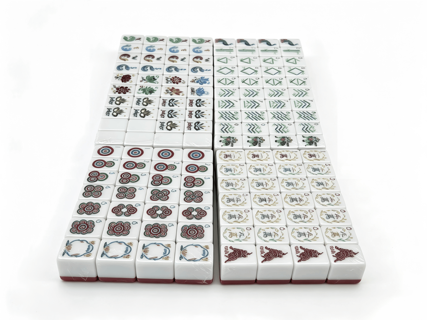 Modern American Mahjong Set by USA Mahjong Co. with 160 vibrant coral red tiles, including jokers and spare tiles.