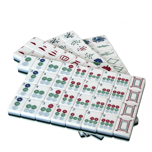 Close-up of Coastal Teal American Mahjong Set tiles by USA Mahjong Co., featuring mint, azure, whimsical monkey jokers