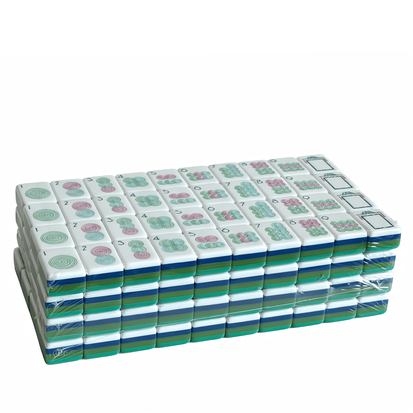 The Teal Lagoon Heritage American Mahjong Set by USA Mahjong Co., featuring deep blue-green acrylic tiles with gold inlays.