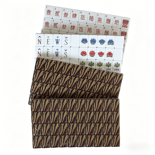 Tiger Strike Heritage American Mahjong Set by USA Mahjong Co. with 166 weighted tiles featuring bold tiger print backs.