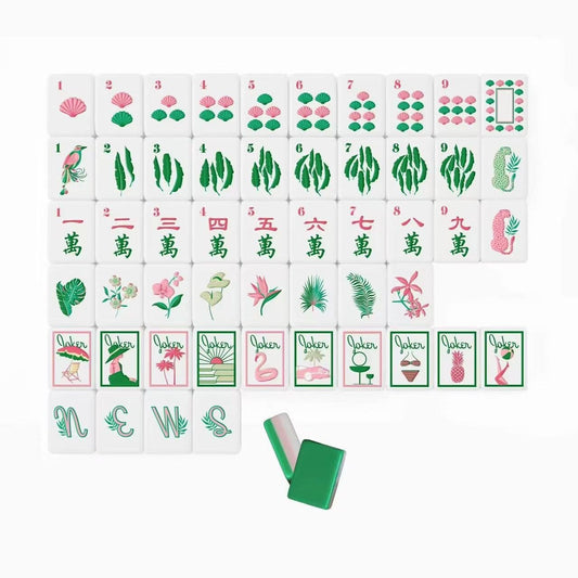 This fun retro‑vacation style mahjong set features stunning three‑layer tile backs in green‑pink‑white gradient, paired with hand‑drawn tropical artwork across tile faces. Enjoy playful joker tiles featuring flamingos, palm trees, retro cars, poolside cocktails, pineapples and swim‑suit motifs. Suits include shell‑styled dots, banana‑leaf bamboo, tropical floral character tiles, decorative tropical‑theme wind tiles and vivid bird accents. Complete 166‑tile set fully compliant with official American mahjong