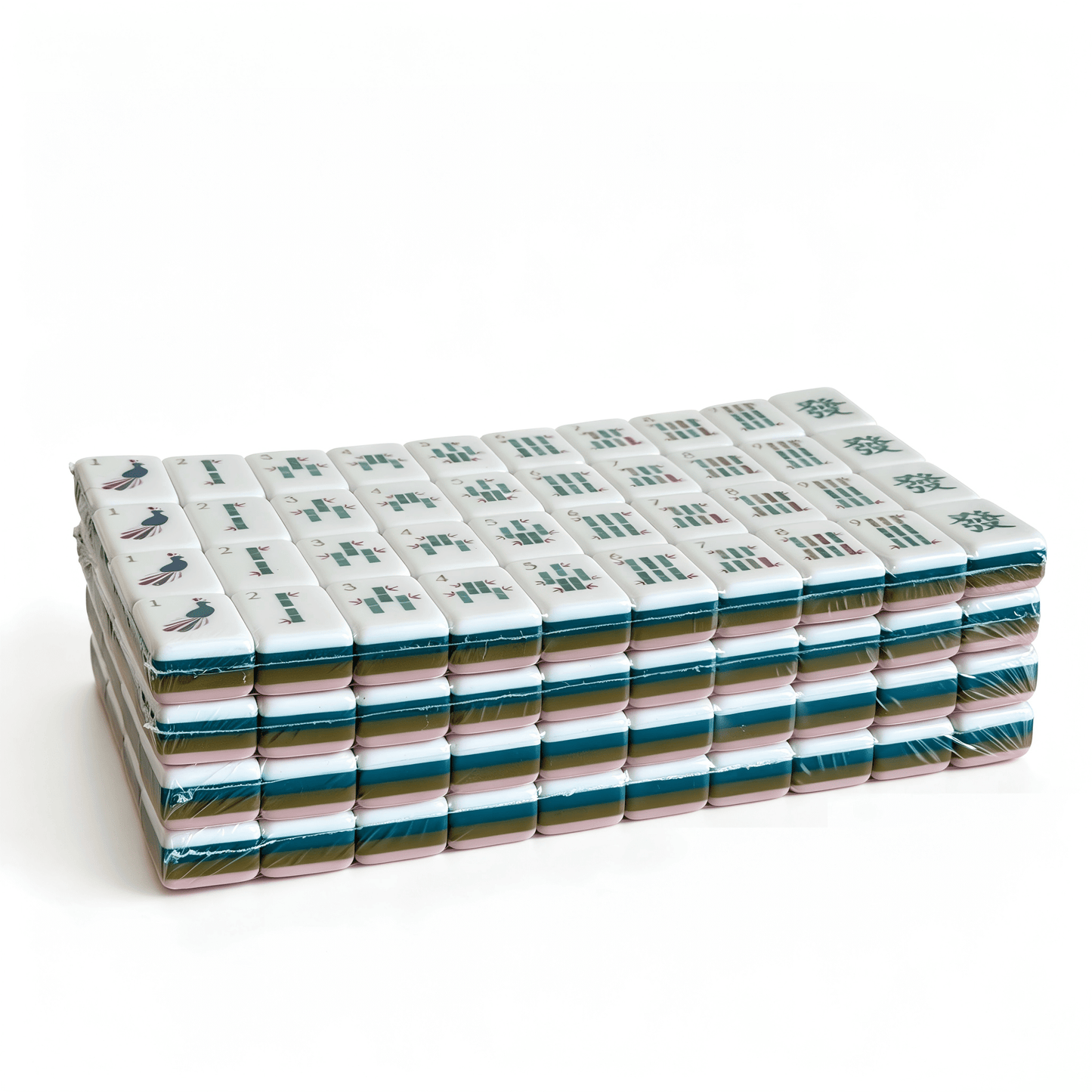 Dusty Rose American Mahjong Set tiles by USA Mahjong Co., featuring 32g weighted tiles with blush backs