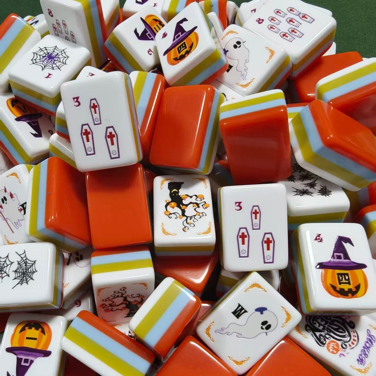 Spooky Night Mahjong Tiles Set – Glossy Orange Candy-Corn Striped Tile Backs with Halloween Pumpkin Dot, Spider-Web Bamboo, Coffin Character, Ghost Wind & Trick-or-Treat Joker American Mahjong Suit Art