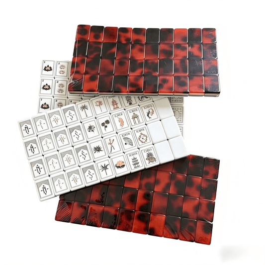 American Mahjong Set by USA Mahjong Co. featuring 166 marbled red tiles with vintage-inspired tortoise shell backs.