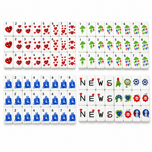 Overhead scattered pile of Strawberry Bow mahjong tiles on white background, showing glossy hot pink backs, colorful striped edges, white tile faces with strawberry heart, green bow and fruit number illustrations