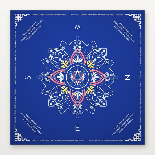 Deep blue American Mahjong Mat by USA Mahjong Co. featuring celestial compass design, 3mm thick non-slip rubber surface.