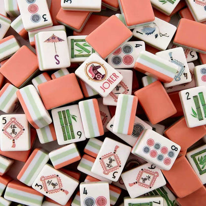 Peach Breeze Mahjong Tiles Set – Peach‑coral backs with mint‑peach striped sides, ivory fronts with lion dance, paper umbrella, crane and spring‑flower folk‑art American mahjong tiles