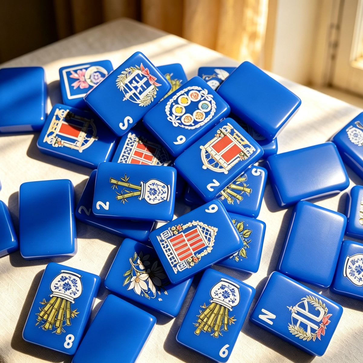 Flat lay of Blue Chinoiserie American mahjong tiles on white background, glossy cobalt blue tiles with chinoiserie illustrations: floral wreath dots, blue-white porcelain bamboo, gazebo cracks, floral wind tiles, swan dragon tiles and vintage scene jokers