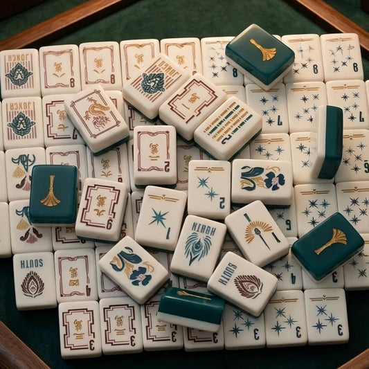 Imperial Lion Mahjong Tiles Set — Teal gold fan backs, art‑deco lion jokers, dragon peacock wind tiles vintage luxury American mahjong tiles