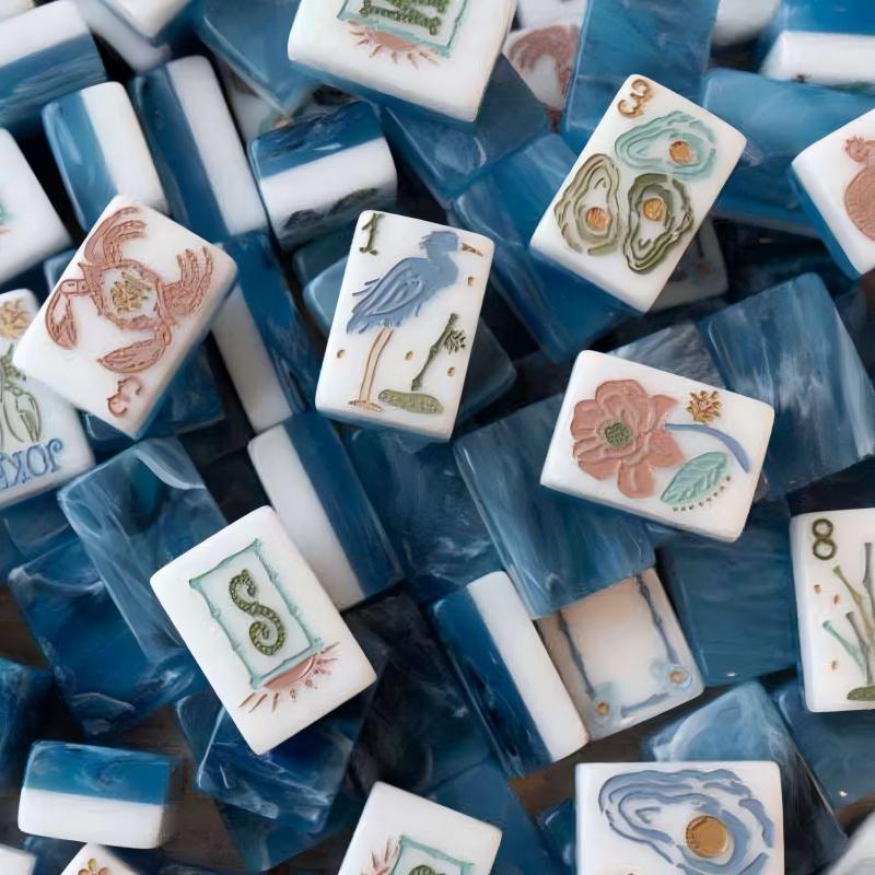 Marshland Tide Mahjong Tiles Set – Ocean-Blue Marbled Tile Backs with Hand-Sculpted Coastal Wildlife Crab, Alligator, Heron & Oyster Motif American Mahjong Suit Art