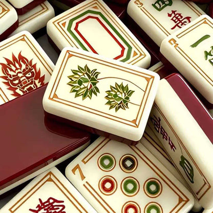 Imperial Grove mahjong tiles close‑up, gold border cream tiles with lotus floral, dragon mask, vintage suit patterns, glossy deep burgundy tile backs, 160‑tile American mahjong set