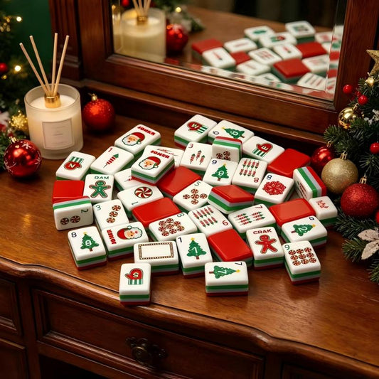 Santa Noel Mahjong Tiles Set — Red‑Green Layered Backs, Santa Claus Jokers, Gingerbread‑Man, Christmas‑Tree & Peppermint‑Candy Themed American Mahjong Tiles