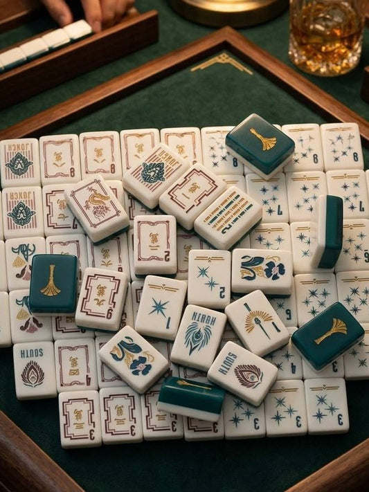 Imperial Lion Mahjong Tiles Set — Teal gold fan backs, art‑deco lion jokers, dragon peacock wind tiles vintage luxury American mahjong tiles

