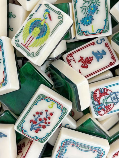 Jade Buddha Mahjong Tiles Set – Glossy Deep-Green Jade-Marble Tile Backs with Creamy Ivory Peacock-Bamboo, Chinese-Character, Circular-Dot, Four-Gentlemen-Flower & Laughing-Buddha Joker Traditional American Mahjong Suit Art