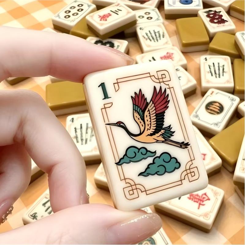 Golden Crane Mahjong Tiles Set – Golden‑Olive Marbled Backs, Ivory Fronts with Red‑Crowned Crane, Koi Fish, Lantern & Ancient Coin Oriental Art American Mahjong Tiles