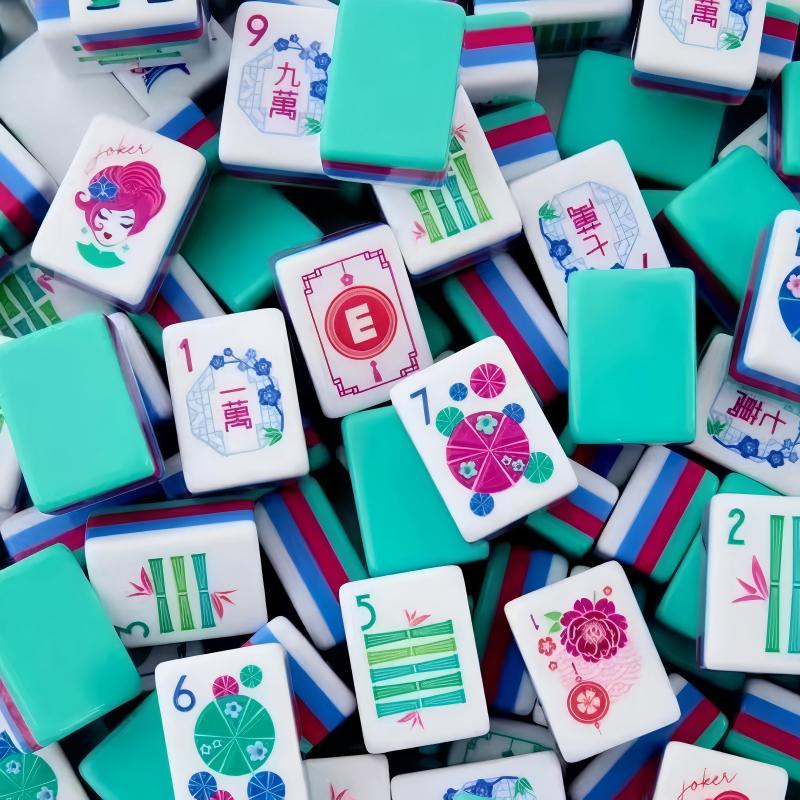 Retro Flair mahjong scattered tiles close‑up, pin‑up girl jokers, peony floral, colourful dot patterns, Chinese character wan tiles, multi‑layer teal magenta blue backs, 160‑tile American mahjong set