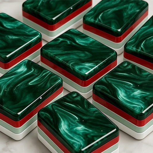 Evergreen Noel Mahjong Tiles Set – Glossy Emerald Green Marble Swirl Tile Backs with Christmas Holly Bamboo, Ornament Dot, Gold Wreath Wind & Reindeer Joker American Mahjong Suit Art