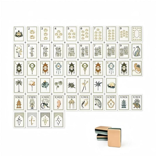 Lotus Lantern Mahjong Tiles Set – Multi‑Layer Peach‑Green Stacked Tile Backs with Cream‑White Lotus‑Dot, Bamboo‑Stalk, Pagoda‑Lantern‑Character, Arch‑Frame‑Wind & Exotic‑Creature Joker American Mahjong Suit Art