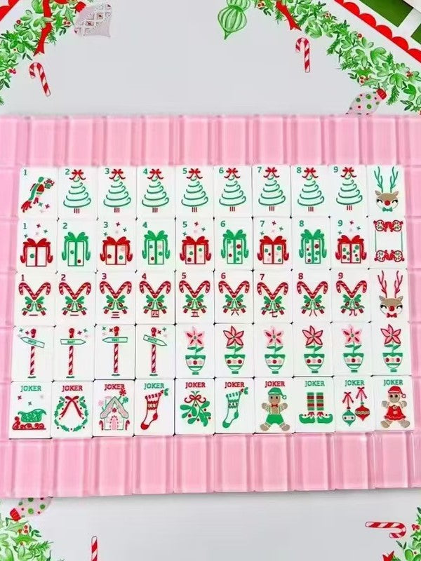 Pink Noel Mahjong Tiles Set — Milky Pastel‑Pink Layered Backs, Christmas‑Tree Bamboo, Gift‑Box Crak, Candy‑Cane Dot, Poinsettia‑Flower & Holiday‑Joker Themed American Mahjong Tiles