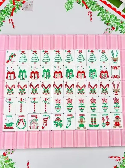 Pink Noel Mahjong Tiles Set — Milky Pastel‑Pink Layered Backs, Christmas‑Tree Bamboo, Gift‑Box Crak, Candy‑Cane Dot, Poinsettia‑Flower & Holiday‑Joker Themed American Mahjong Tiles