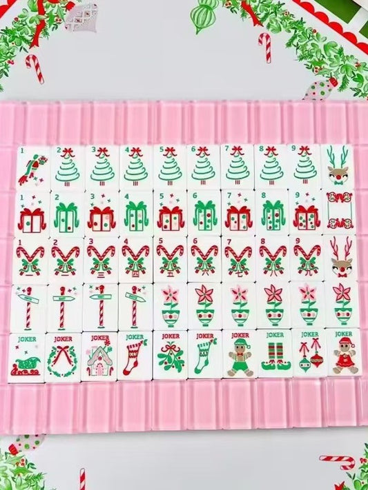 Pink Noel Mahjong Tiles Set — Milky Pastel‑Pink Layered Backs, Christmas‑Tree Bamboo, Gift‑Box Crak, Candy‑Cane Dot, Poinsettia‑Flower & Holiday‑Joker Themed American Mahjong Tiles