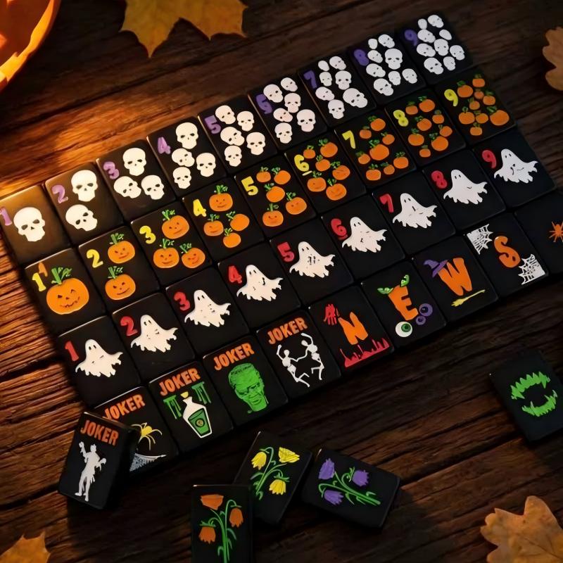 Spooky Hallow mahjong full flat‑lay layout, complete 160‑tile Halloween set, ghost, pumpkin, skull, spider and monster joker tiles, dark wood background, American mahjong set