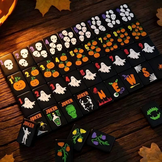 Spooky Hallow mahjong full flat‑lay layout, complete 160‑tile Halloween set, ghost, pumpkin, skull, spider and monster joker tiles, dark wood background, American mahjong set