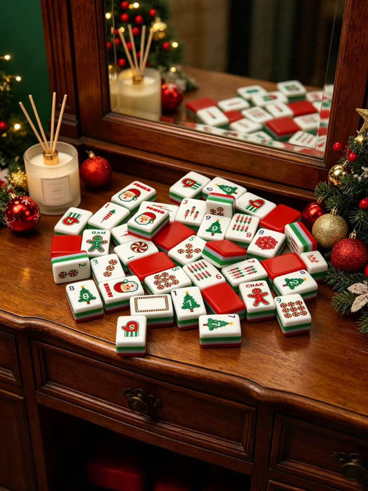 Santa Noel Mahjong Tiles Set — Red‑Green Layered Backs, Santa Claus Jokers, Gingerbread‑Man, Christmas‑Tree & Peppermint‑Candy Themed American Mahjong Tiles
