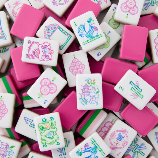 Fuchsia Petal Mahjong Tiles Set - Gloss Solid Fuchsia Hot Pink Acrylic Backs with Delicate Multi-Tone Floral Joker, Floral Dot & Thin Bamboo Suit Art