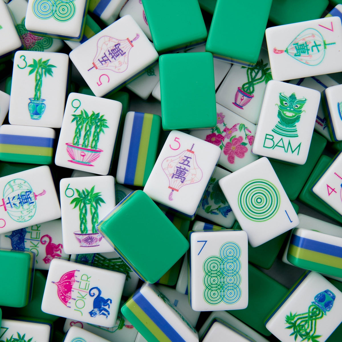 Emerald Classic Mahjong Tiles Set - Solid Gloss Emerald Green Acrylic Backs with Multi Floral Joker, Dot & Bamboo Traditional Suit Art