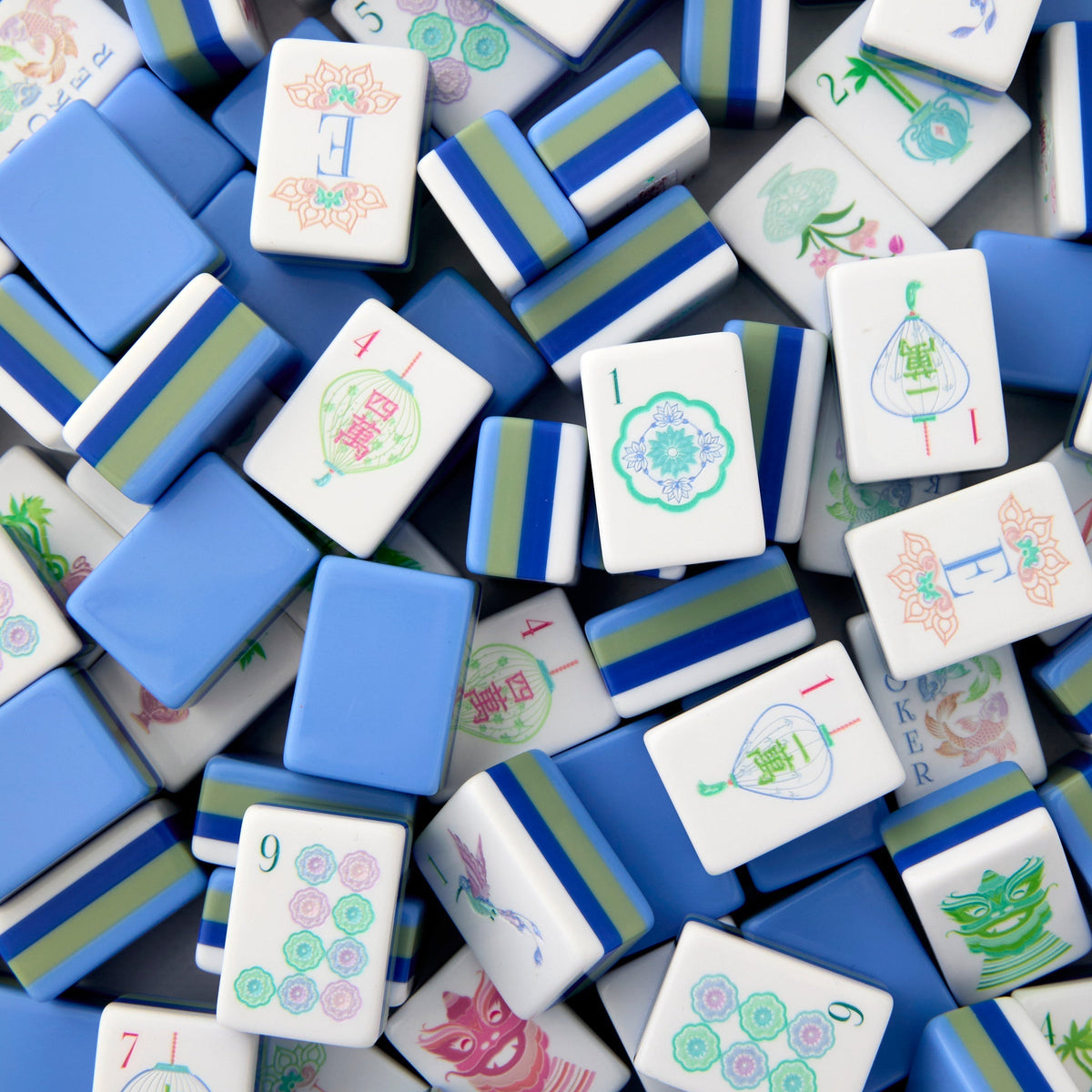 Lotus Lantern Mahjong Tiles Set – Multi‑Layer Peach‑Green Stacked Tile Backs with Cream‑White Lotus‑Dot, Bamboo‑Stalk, Pagoda‑Lantern‑Character, Arch‑Frame‑Wind & Exotic‑Creature Joker American Mahjong Suit Art