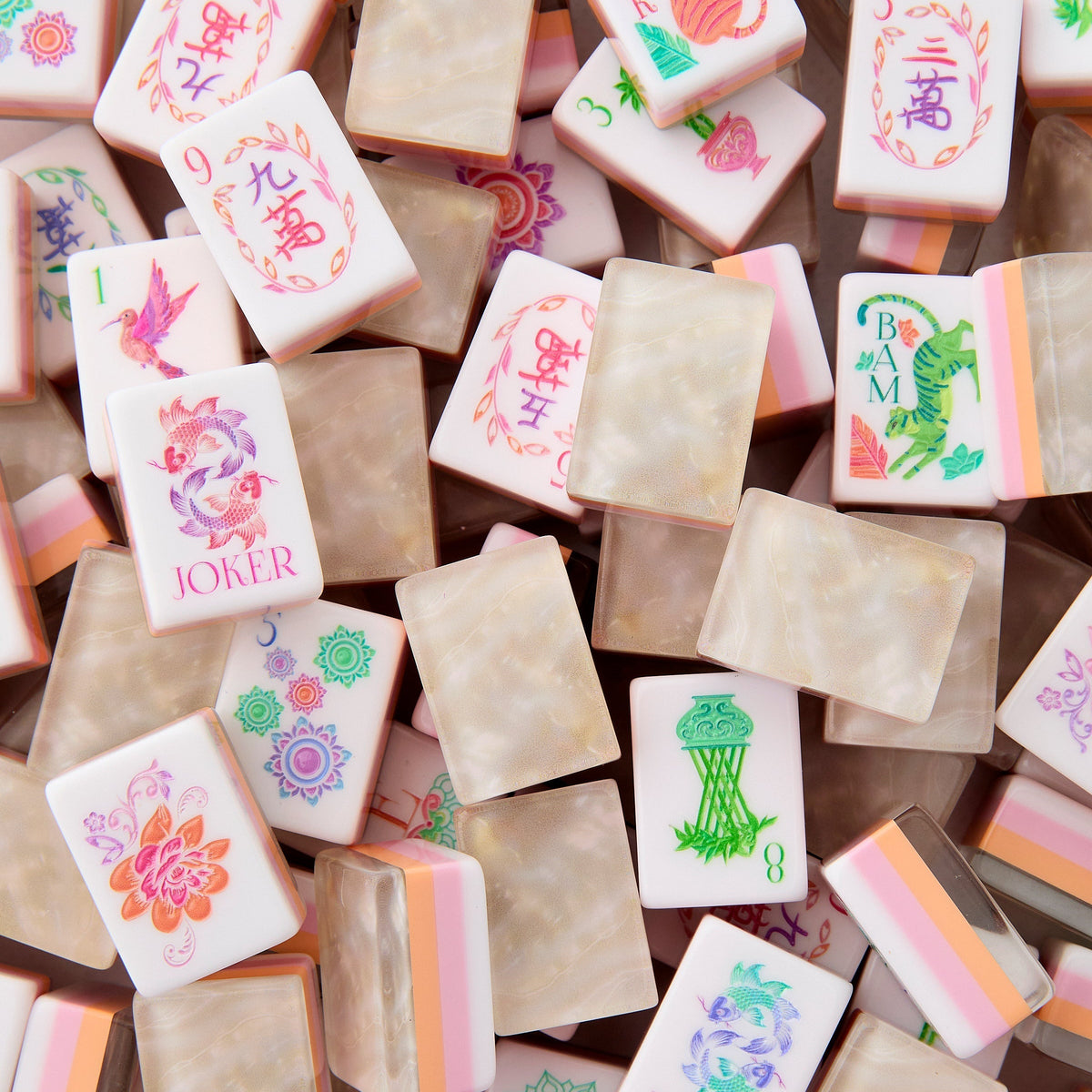 1. Blush Petal Mahjong Tiles Set - Two-Tone Blush Pink Gloss Acrylic Backs with Floral Joker, Dot, Bamboo & Character Suit Art