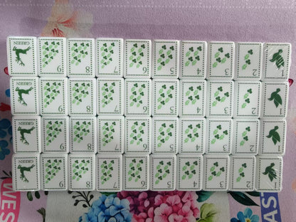 Evergreen Noel Mahjong Tiles Set – Glossy Emerald Green Marble Swirl Tile Backs with Christmas Holly Bamboo, Ornament Dot, Gold Wreath Wind & Reindeer Joker American Mahjong Suit Art