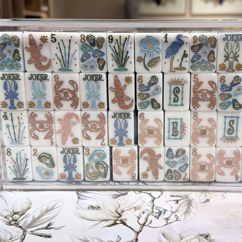 Marshland Tide Mahjong Tiles Set – Ocean-Blue Marbled Tile Backs with Hand-Sculpted Coastal Wildlife Crab, Alligator, Heron & Oyster Motif American Mahjong Suit Art