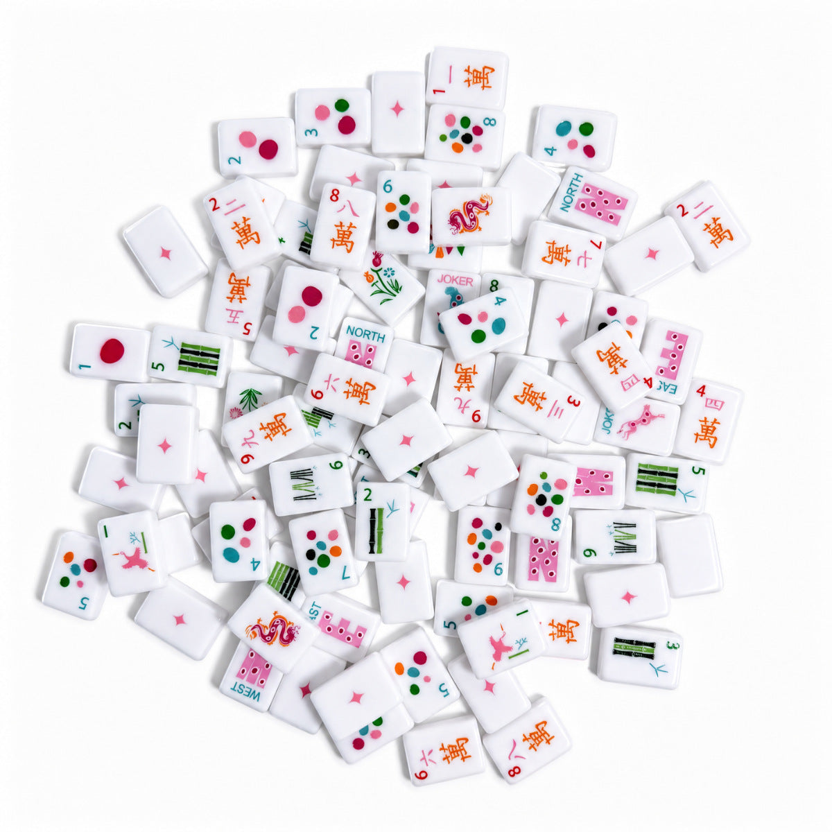 Leopard Bloom mahjong scattered tiles overhead shot, clean white tiles with colorful polka‑dot patterns, orange Chinese character tiles, green bamboo, pink leopard jokers and pink star‑accented tile backs, playful modern American mahjong tiles