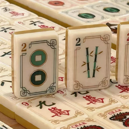 Golden Crane Mahjong Tiles Set – Golden‑Olive Marbled Backs, Ivory Fronts with Red‑Crowned Crane, Koi Fish, Lantern & Ancient Coin Oriental Art American Mahjong Tiles