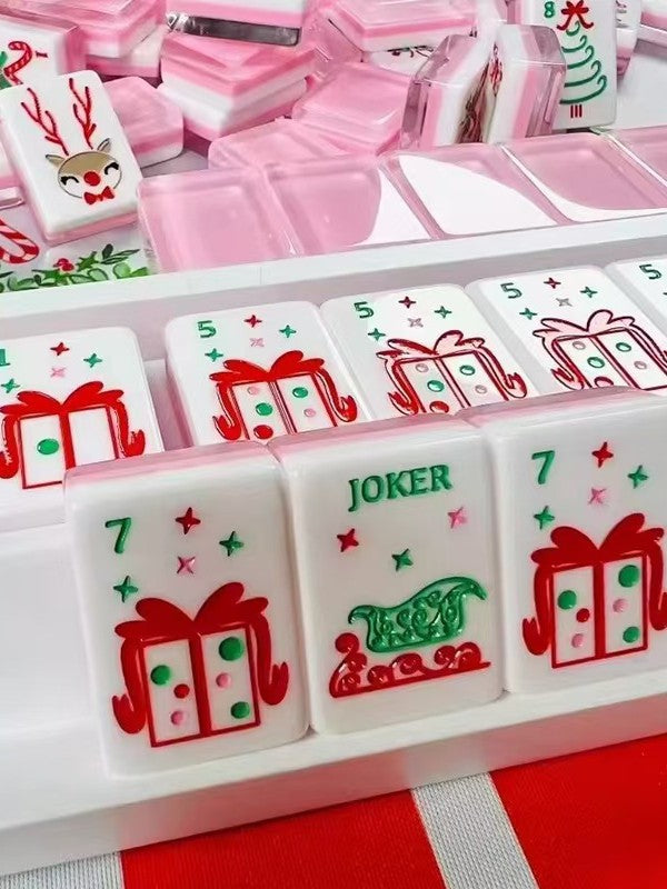 Pink Noel Mahjong Tiles Set — Milky Pastel‑Pink Layered Backs, Christmas‑Tree Bamboo, Gift‑Box Crak, Candy‑Cane Dot, Poinsettia‑Flower & Holiday‑Joker Themed American Mahjong Tiles