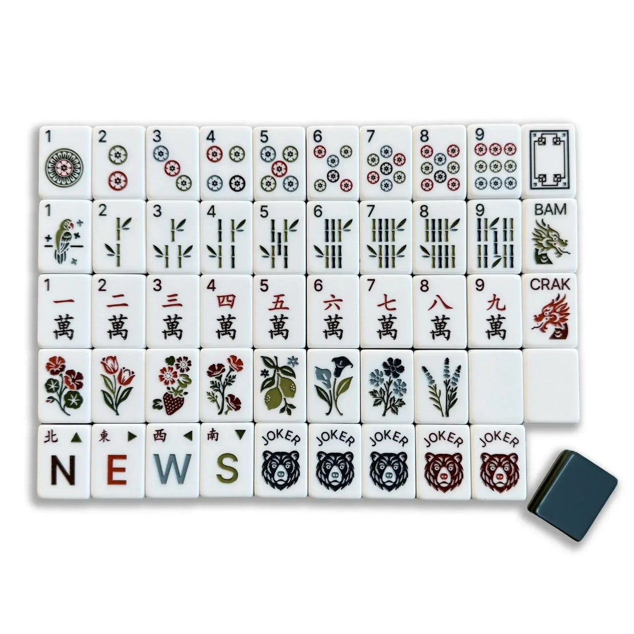 Woodland Stripes Mahjong Tiles Set – Multi‑Layer Teal‑Brown Striped Tile Backs with Floral‑Fruit Dot, Parrot‑Bird Bamboo, Garden‑Flower Season, Compass‑Wind & Bear‑Joker American Mahjong Suit Art